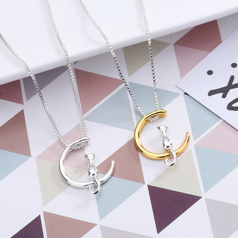 Cat Pendant Necklace with Moon Design