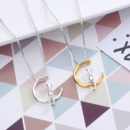 Cat Pendant Necklace with Moon Design