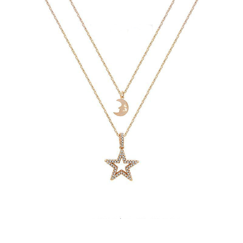 Layered Star and Moon Pendant Necklace in 18K Gold