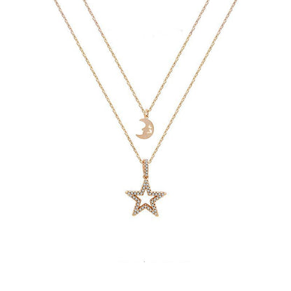 Layered Star and Moon Pendant Necklace in 18K Gold