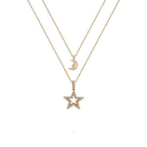 Layered Star and Moon Pendant Necklace in 18K Gold