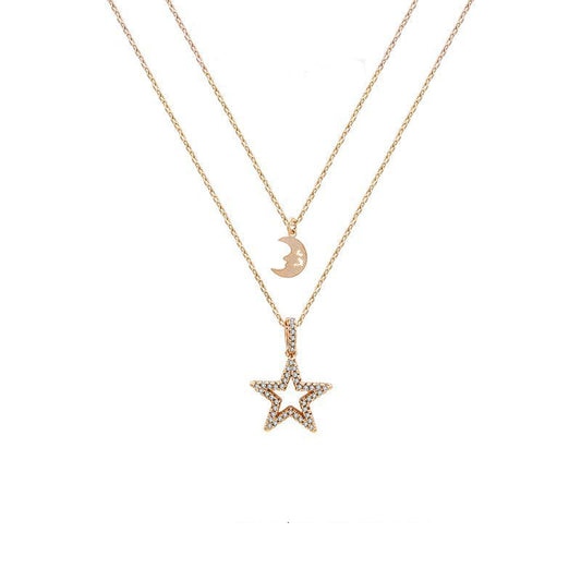 Layered Star and Moon Pendant Necklace in 18K Gold