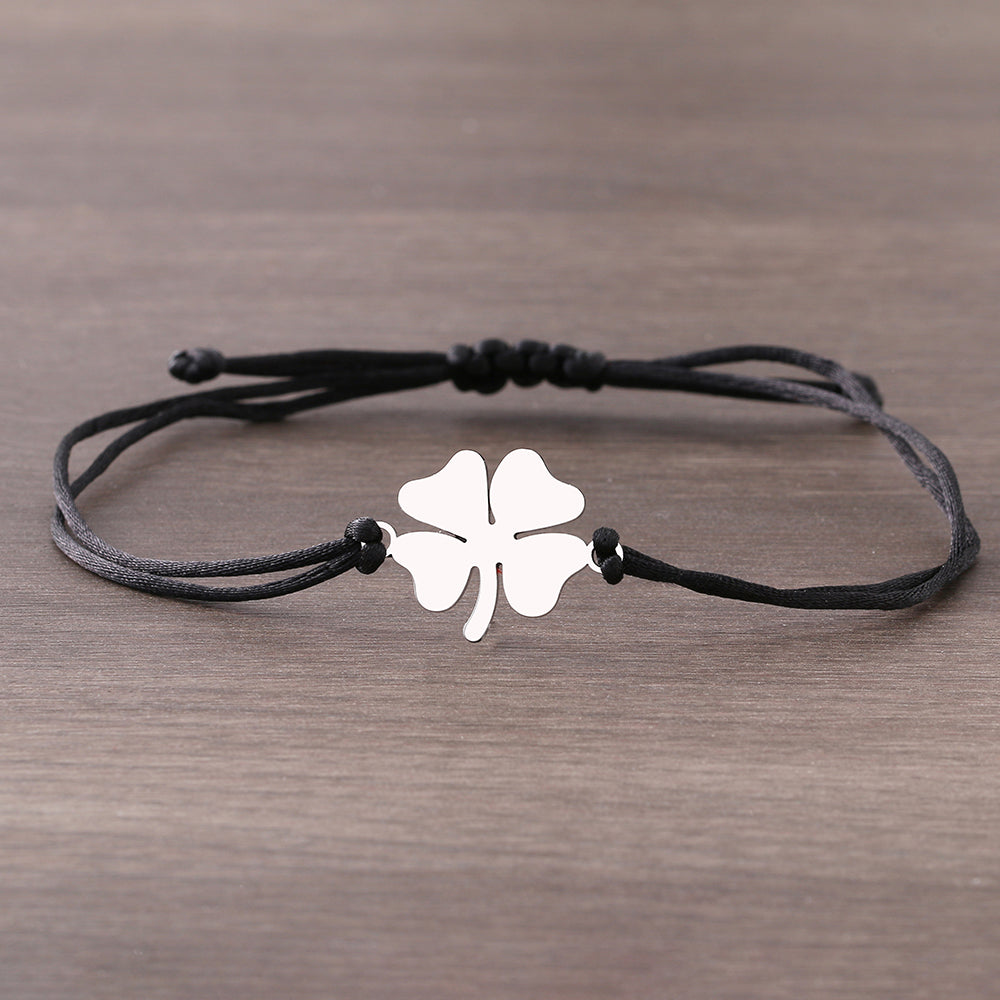 Lucky Four Leaf Clover Stainless Steel Bracelet in Black/Red
