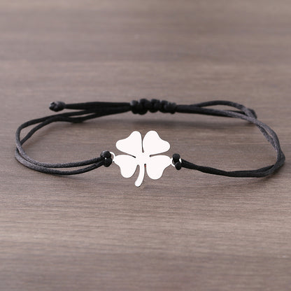 Lucky Four Leaf Clover Stainless Steel Bracelet in Black/Red