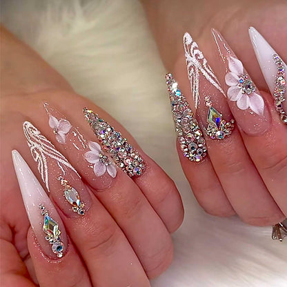 Rilafuvu Press on Nails almond Fake Nails Press ons False Nails Flower Rhinestone Pink Acrylic Nails Glitter Bling Glue on Nails for Women and Girls 24Pcs (flower pink almond nails)