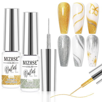 MIZHSE Gel Liner Nail Art Polish Set Glitter Gold and Silver Gel Painting For Nails Art Swirl Nails Design Dotting Painting French Manicure Kit 7mL