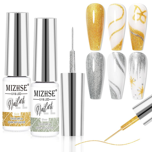 MIZHSE Gel Liner Nail Art Polish Set Glitter Gold and Silver Gel Painting For Nails Art Swirl Nails Design Dotting Painting French Manicure Kit 7mL