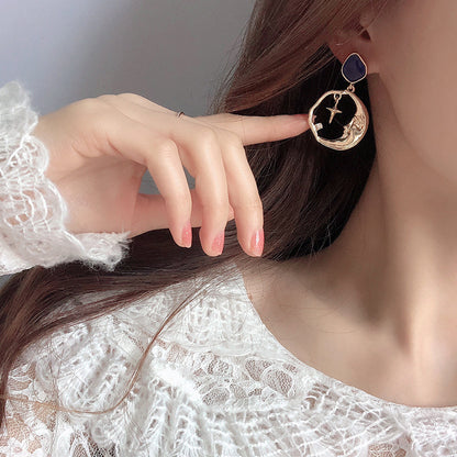 Geometric Star and Moon Earrings with S925 Silver Pins