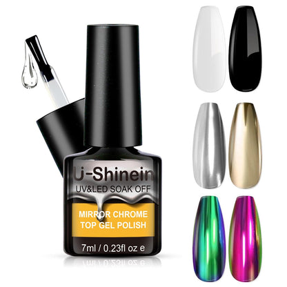U-Shinein 7ml Gel Top Coat for Metallic Gel Nail Polish No Wipe Top Gel Polish for Chrome Nail Powder Metallic Painting Gel Chrome Gel Nail Polish Glossy Shine Finish Mirror Chrome Effect