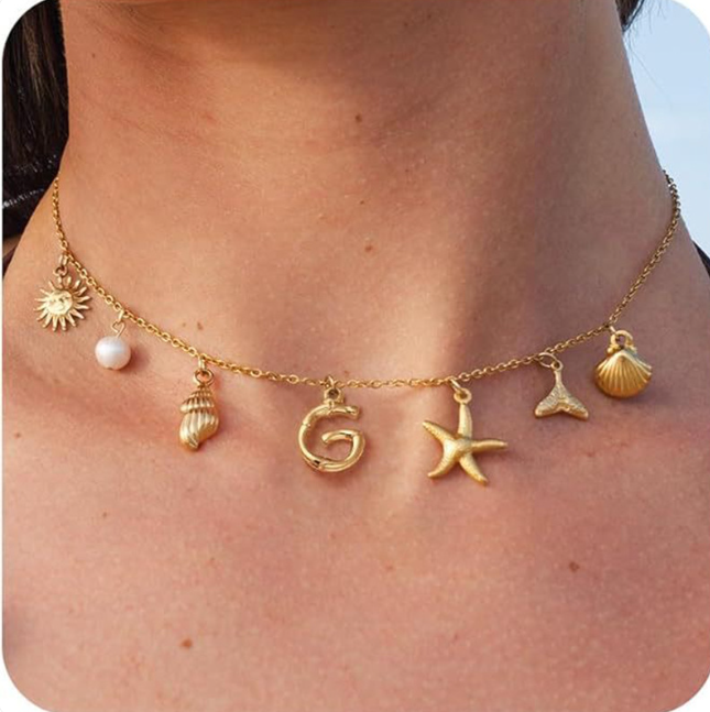 26 Bamboo Letter Necklace - Starfish, Shell & Conch Design
