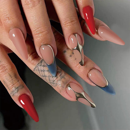 SINHOT Medium Press on Nails Almond Fake Nails Glossy Glue on Nails Gold Chrome Acrylic Nails Stiletto Artificial Nails French Tip Stick on False Nails with Design 24 pcs
