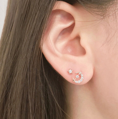 S925 Silver Asymmetric Moon Heart Stud Earrings