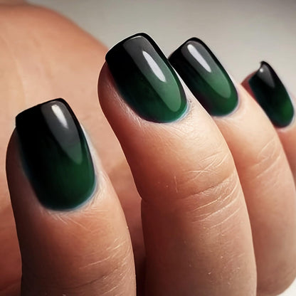 French Tip Press on Nails Short Square Fake Nails Green & Black Gradient False Nails Beauty Advanced Glossy Glue on Nails Stick on Nails Acrylic Nails for Women Girls 24 Pcs