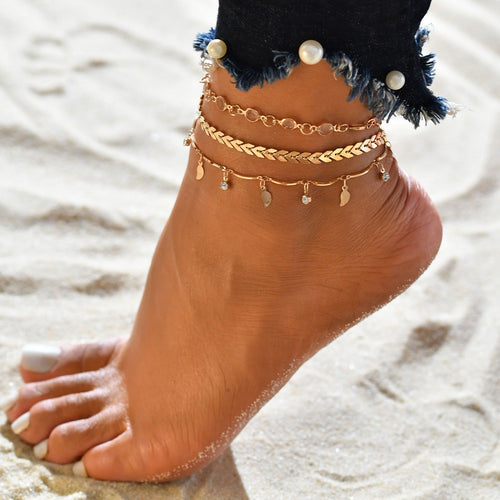 Three-Piece Beaded Leaf Arrow Anklet Set