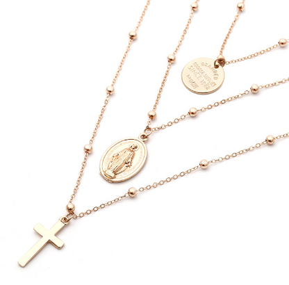 Geometric Metal Virgin Mary Cross Multi-Layer Necklace