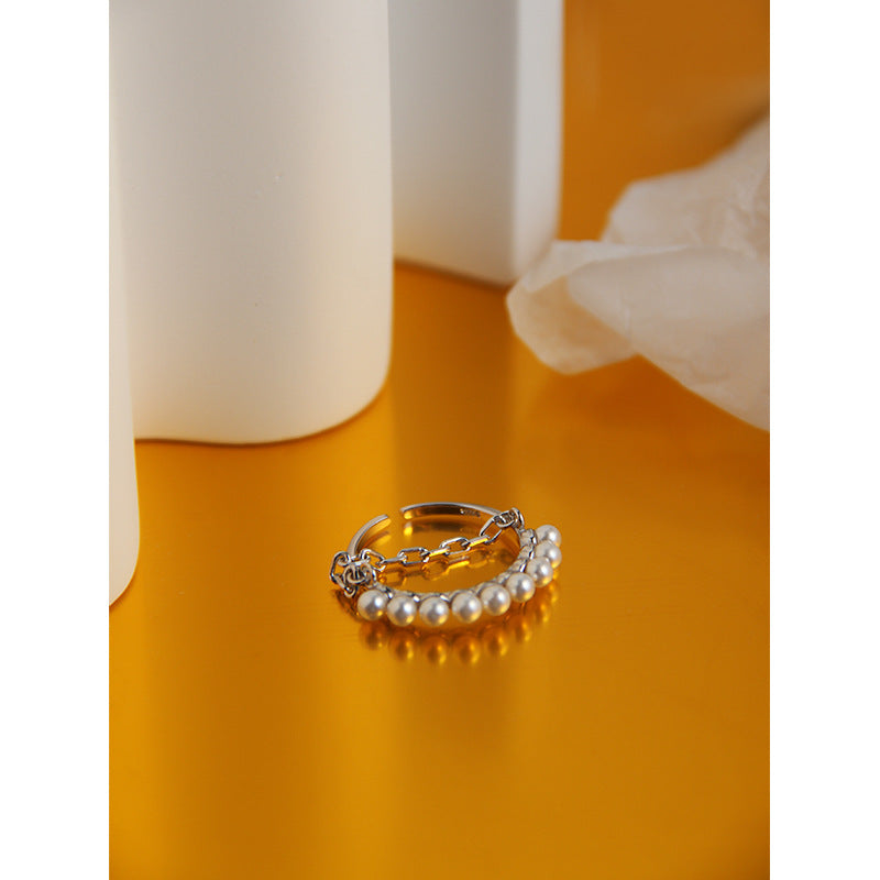 S925 Silver Ring with Pearl Chain for Women