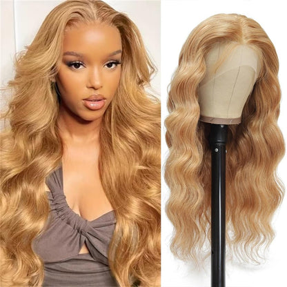PUHPUH Honey Blonde Wig Human Hair 27# Colored 24 Inch Honey Blonde 13x6 HD Lace Front Wigs Human Hair 180% Density Honey Blonde Body Wave Wigs Human Hair Pre Plucked Glueless Wigs Human Hair