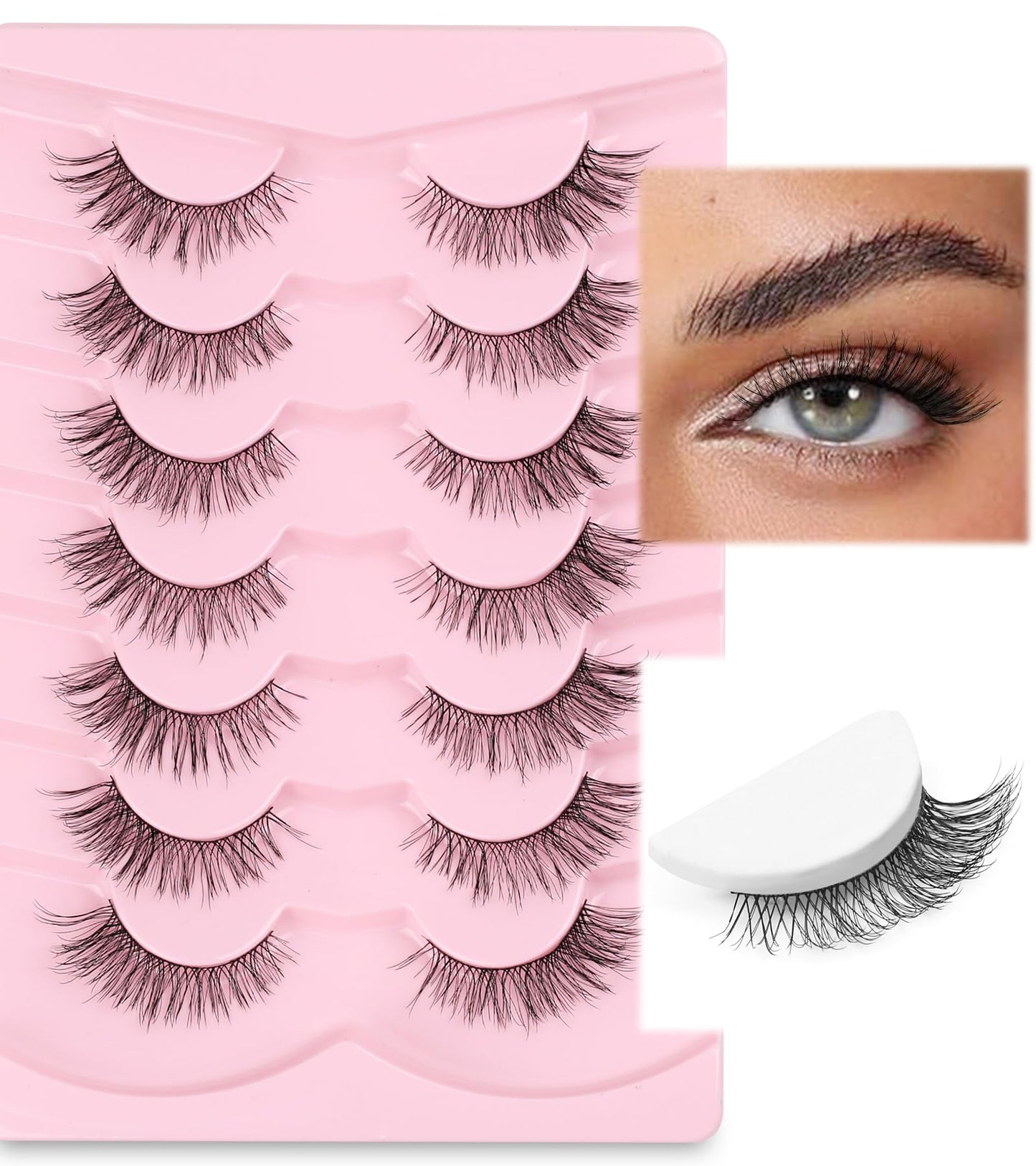 Cat Eye Lashes Natural Eyelashes 13mm False Eyelashes Thin Memory Band Volume Wispy Lashes Soft Strip Lashes Pack C Curl Natural Eyelashes Fake Lashes 7 Pair EVENTILL