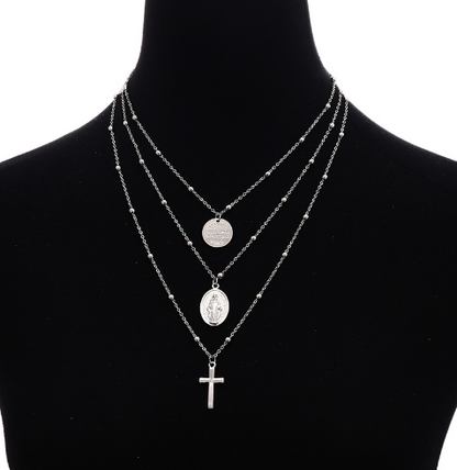Geometric Metal Virgin Mary Cross Multi-Layer Necklace