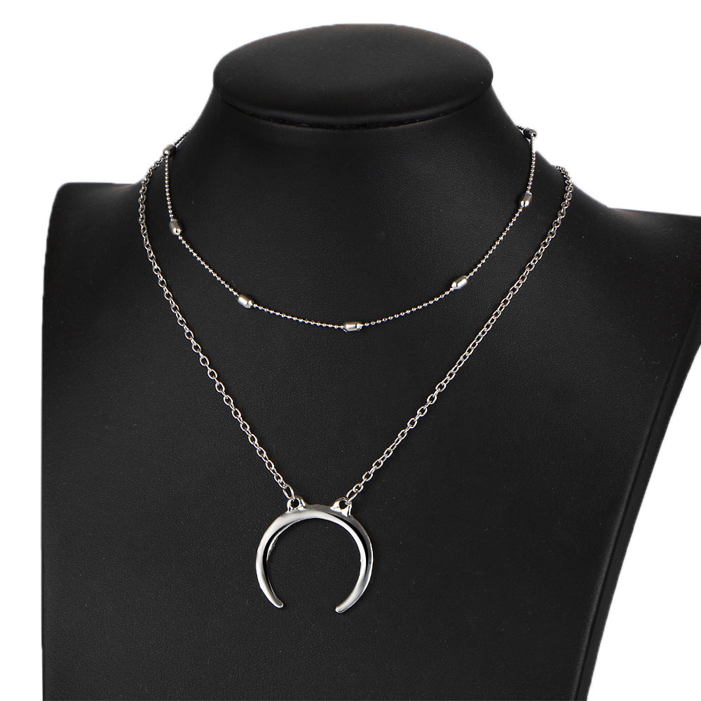 Layered Horn Necklace with Moon Pendant - Fashionable Style