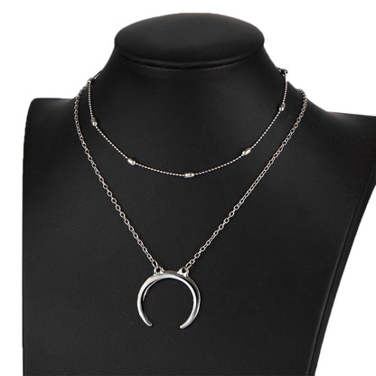 Layered Horn Necklace with Moon Pendant - Fashionable Style