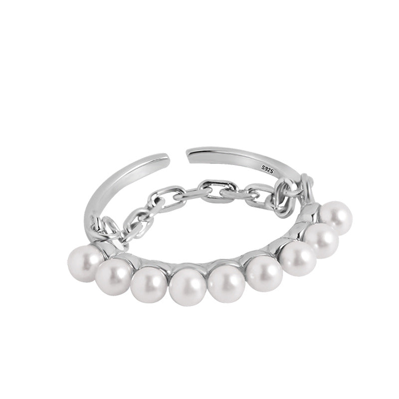 S925 Silver Ring with Pearl Chain for Women