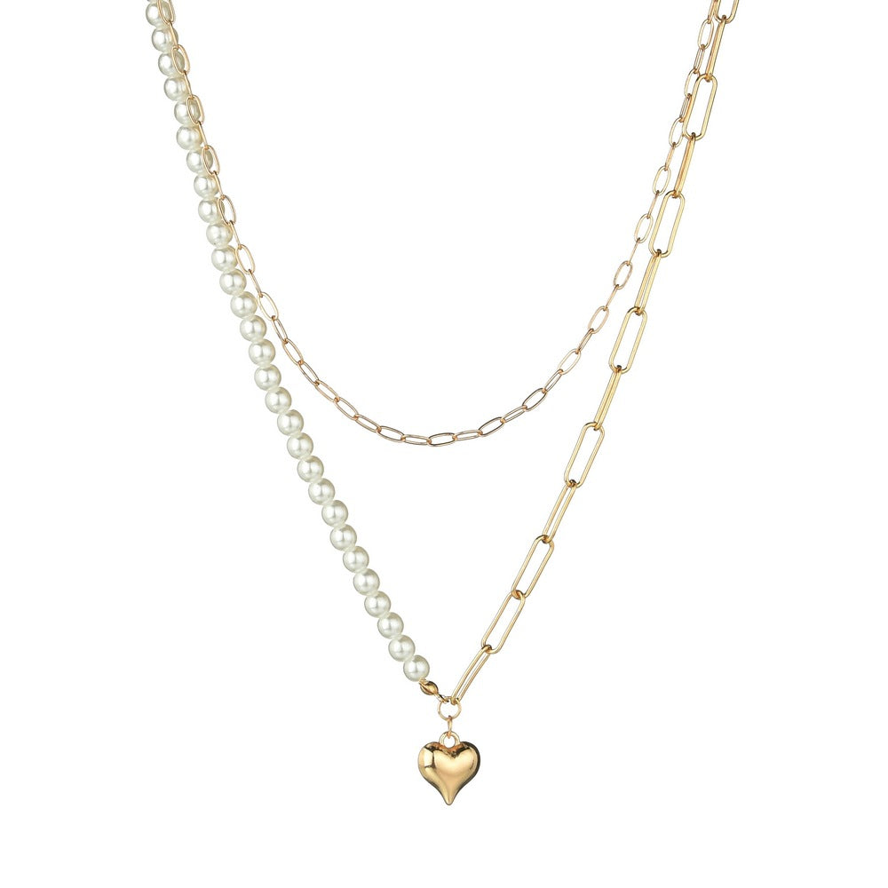 Golden Love Heart Faux Pearl Double Layer Necklace