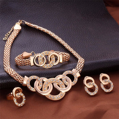 Vintage Gold Jewelry Set: Necklace, Earrings, Bracelet, Ring