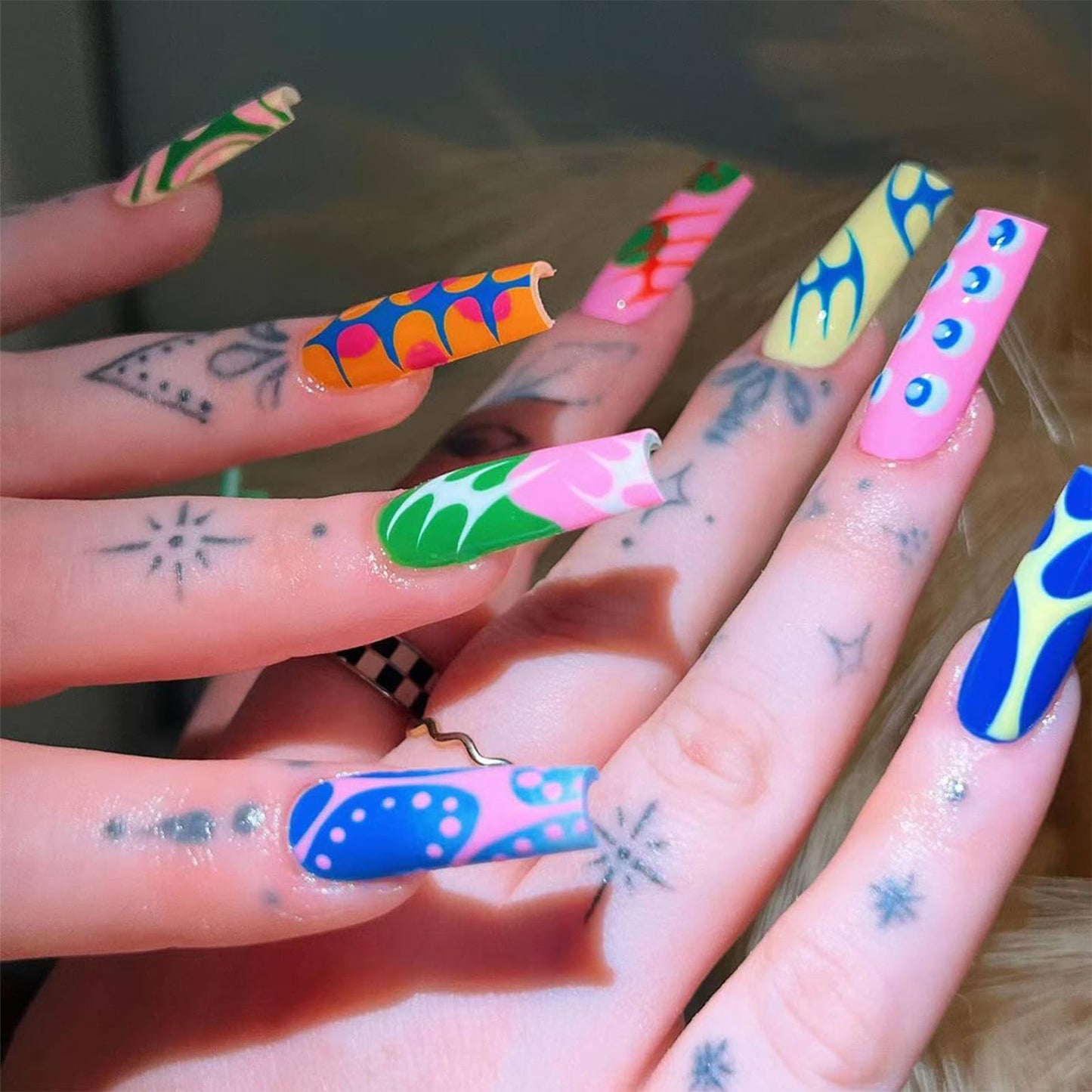 IMRAIN Long Press on Nails Square Fake Nails Glossy Colorful Acrylic False Nails with Cute Totem Designs Glue on Artificial Nails Stick on Nails for Women 24Pcs