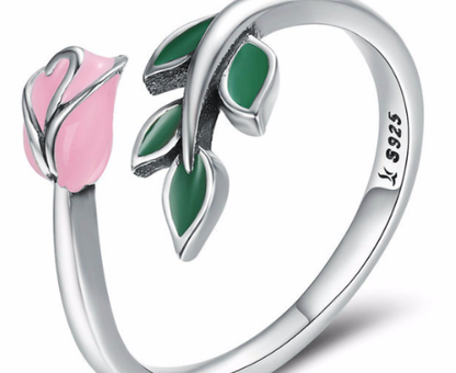 Open Ring with Rose Flower Design in S925 Silver