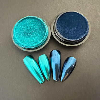 Vonrui Green Blue Chrome Nail Powder Set Metallic Mirror Effect Holographic Nail Powder Nail Art Glitter Decoration Green Nail Chrome Powder Set 2 Jars