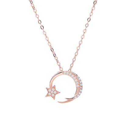 S925 Silver Star and Moon Pendant Necklace
