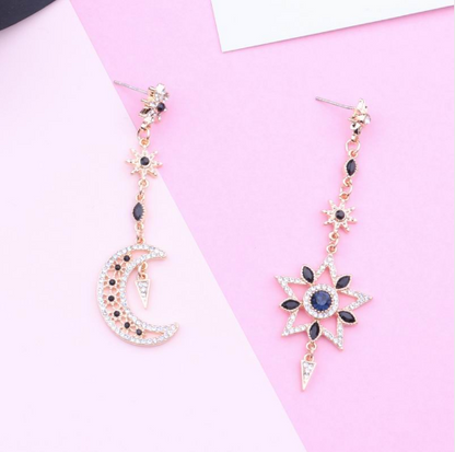 Asymmetrical Star and Moon S925 Silver Earrings