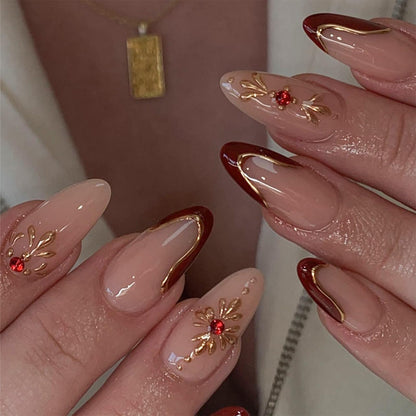 Almond Press on Nails Wine Red French Tip Fake Nails 3D Gold Sun Acrylic Nails with Rhinestone Artificial Nails Medium False Nails Glossy Glue on Nails for Women Manicure 24Pcs