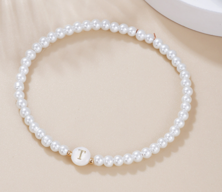 Dainty Faux Pearl Bead Initial Bracelet for Women