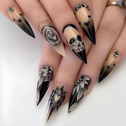 24Pcs Halloween Press on Nails Almond Long Fake Nails Black Rose Heart Designs with Rhinestones Glue on Nails Horror Skull Press ons French False Nails for Women Acrylic Manicure Decorations