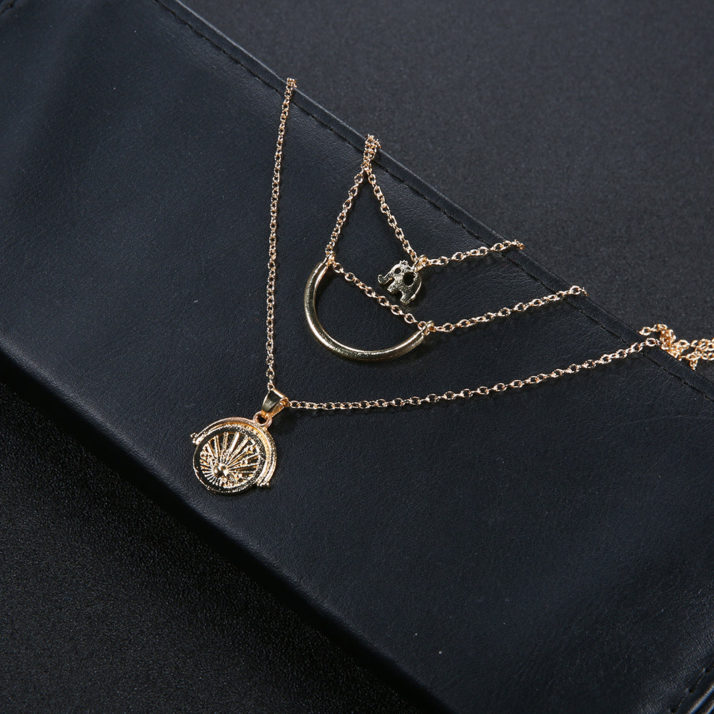 Fashionable Elephant Crescent Moon Multi-Layer Necklace