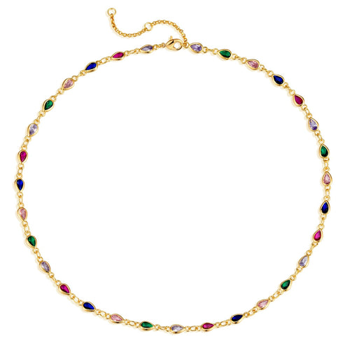 GDCOIN Dainty Gold Chain Choker Necklace for Women 18K Gold Plated Waterdrop Shape Multicolor Zirconium Choker-Dense Colorful Link Chain Necklace for Women Jewelry Gift