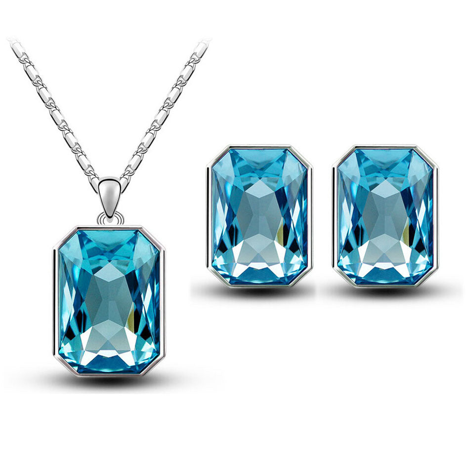 Crystal Pendant Rectangular Bride Necklace & Earring Set