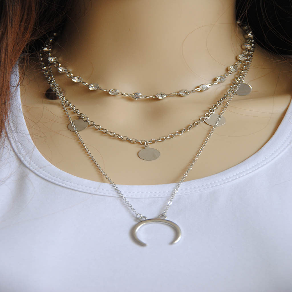 Simple Multi-Element Moon Pendant Layered Necklace