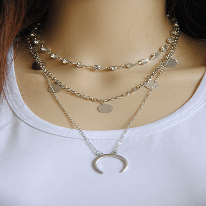 Simple Multi-Element Moon Pendant Layered Necklace