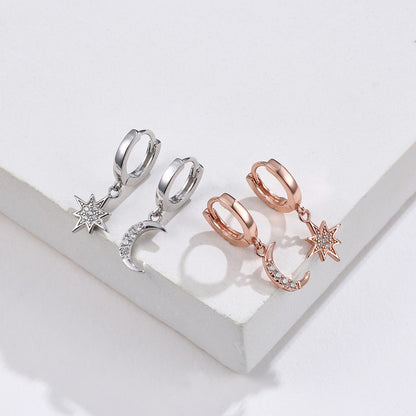 S925 Silver Asymmetrical Star Moon Earrings with Diamonds
