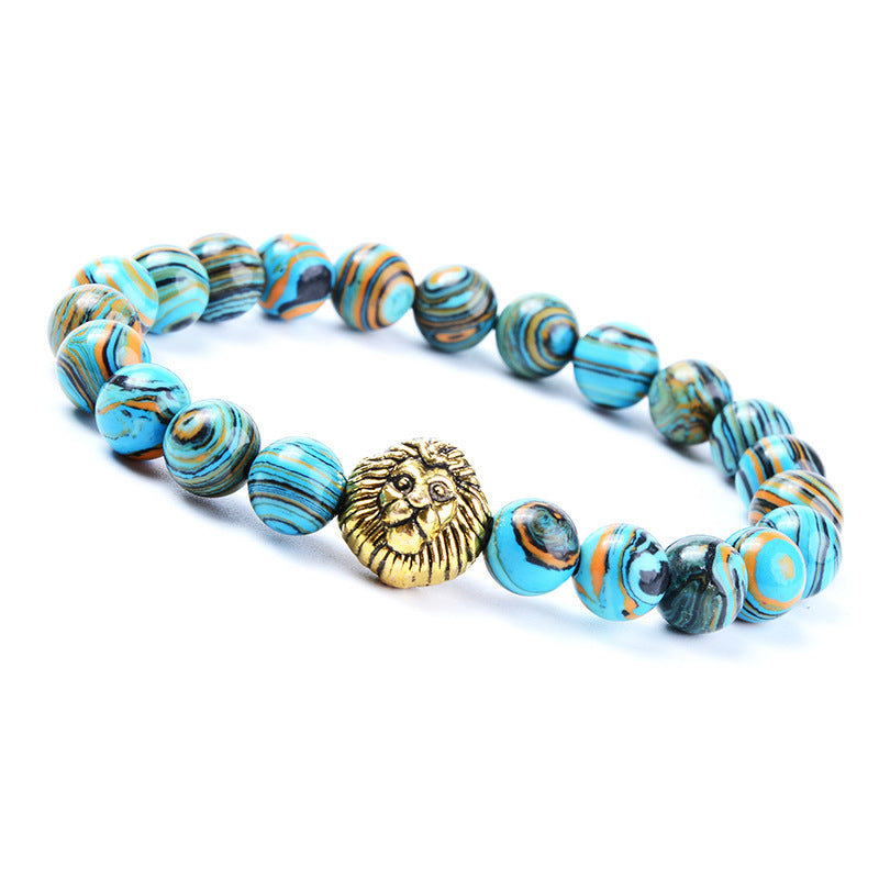 Beaded Bracelet with Blue Malachite Lion Head