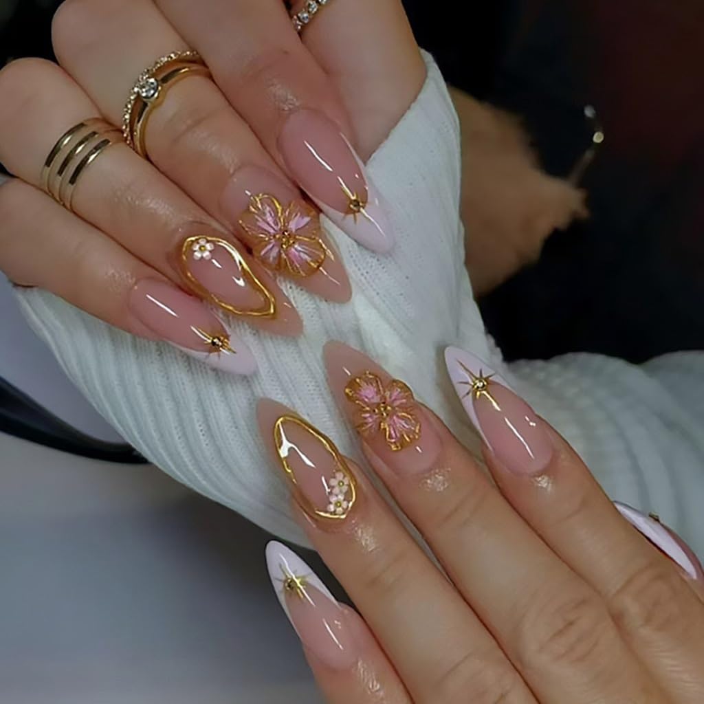 Medium Press on Nails Almond Fake Nails French Tip False Nails with 3D Flower Design Glue on Nails Gold Stripe Full Cover Stick on Nails Elegant Artificial Acrylic Nails for Women Manicure 24Pcs