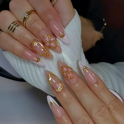 Medium Press on Nails Almond Fake Nails French Tip False Nails with 3D Flower Design Glue on Nails Gold Stripe Full Cover Stick on Nails Elegant Artificial Acrylic Nails for Women Manicure 24Pcs