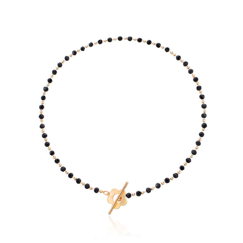 Black Crystal Glass Bead Chain Short Flower Necklace