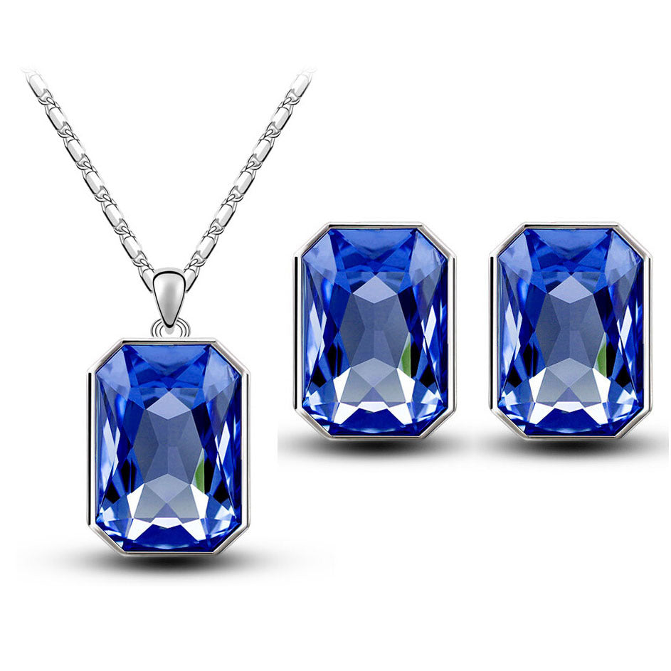Crystal Pendant Rectangular Bride Necklace & Earring Set