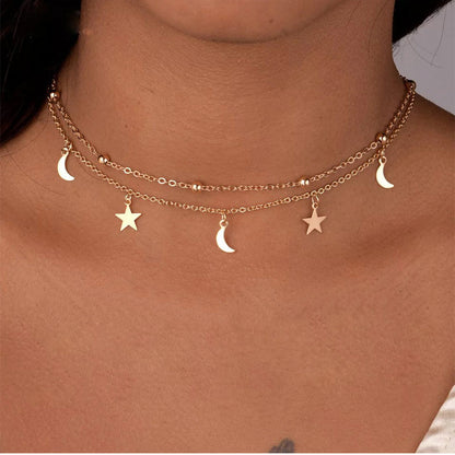 Double Layer Moon Star Beaded Choker Necklace