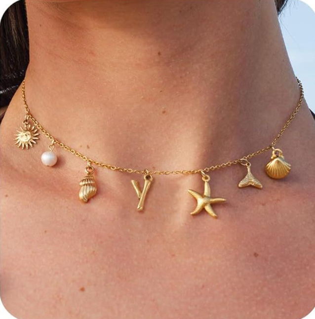 26 Bamboo Letter Necklace - Starfish, Shell & Conch Design