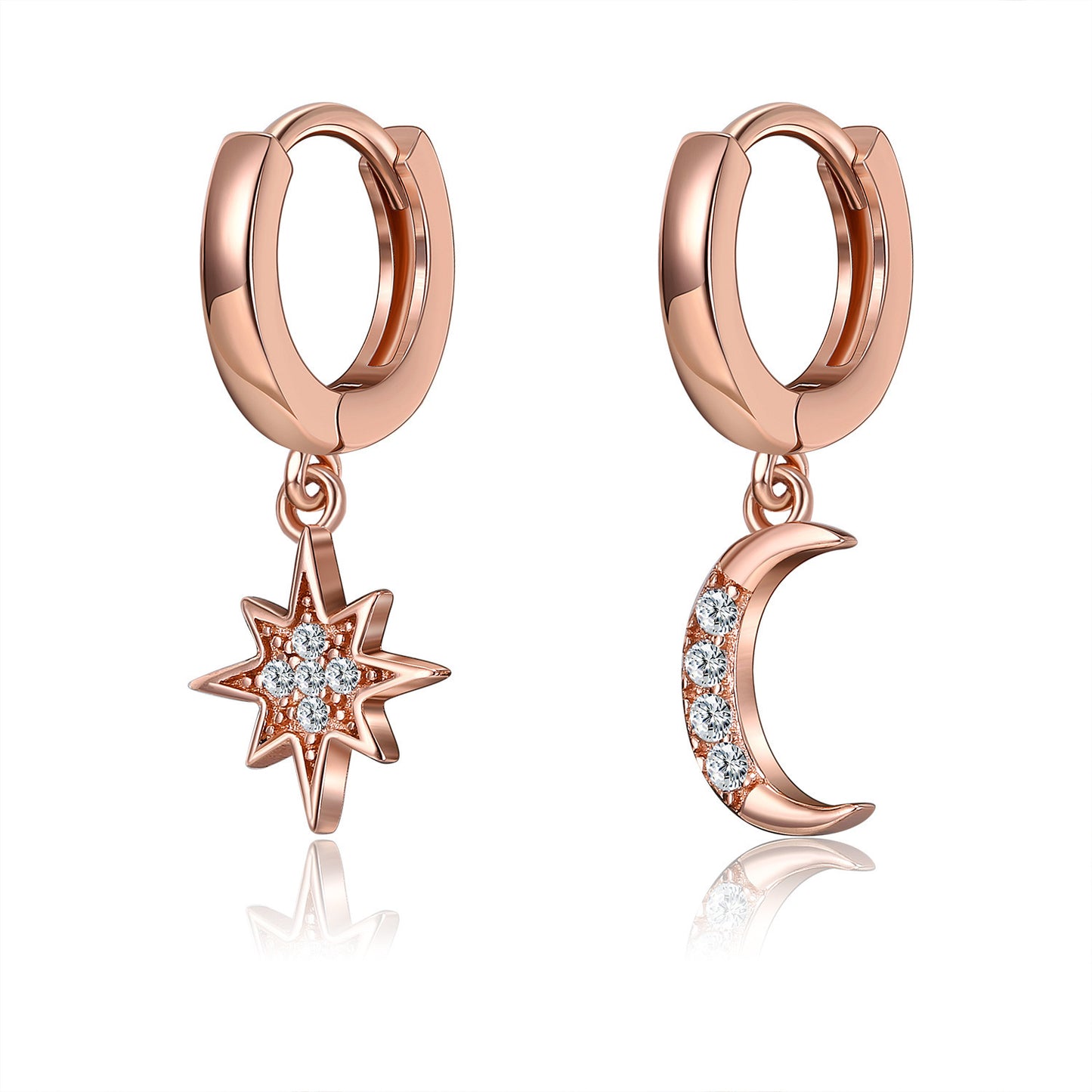 S925 Silver Asymmetrical Star Moon Earrings with Diamonds